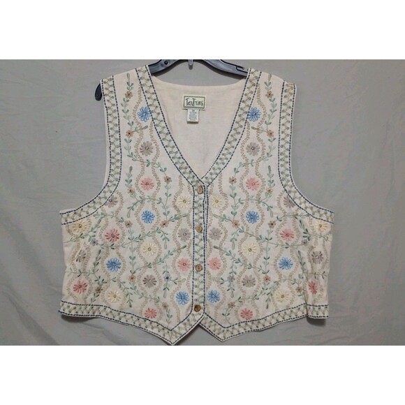 Vtg 90s Tan Trums Embroidered Floral Vest Sleeveless Cottagecore Top 2X Linen - Picture 1 of 5